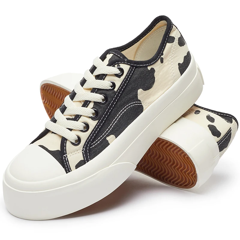 High Quality Custom Print Cow Lace Up Canvas Trendy Platform Shoes Rubber Sole White Shoes For Women