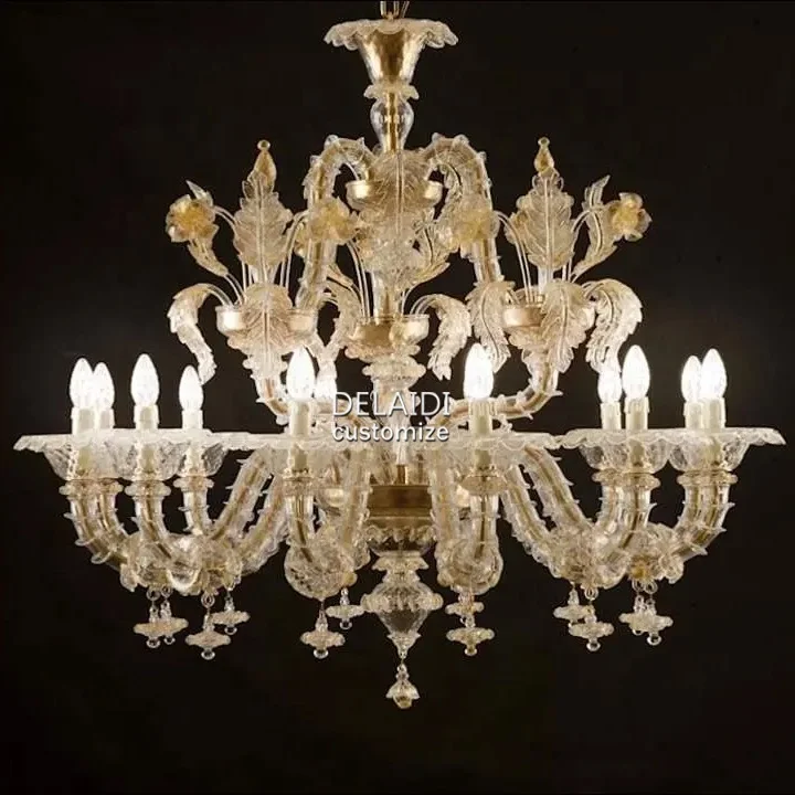 Golden glass leaf chandelier for hotel banquet hall living room dining room luxury  murano glass hanging chandelier