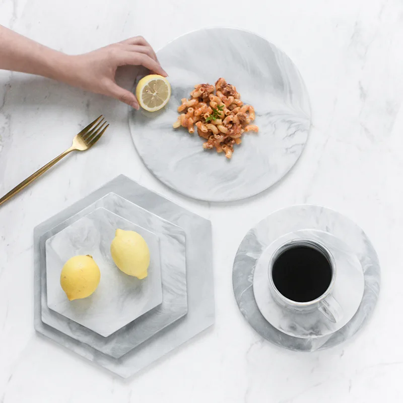Porcelain Hexagon And Round Marble Design Coasters Table Mats Grey White Placemats