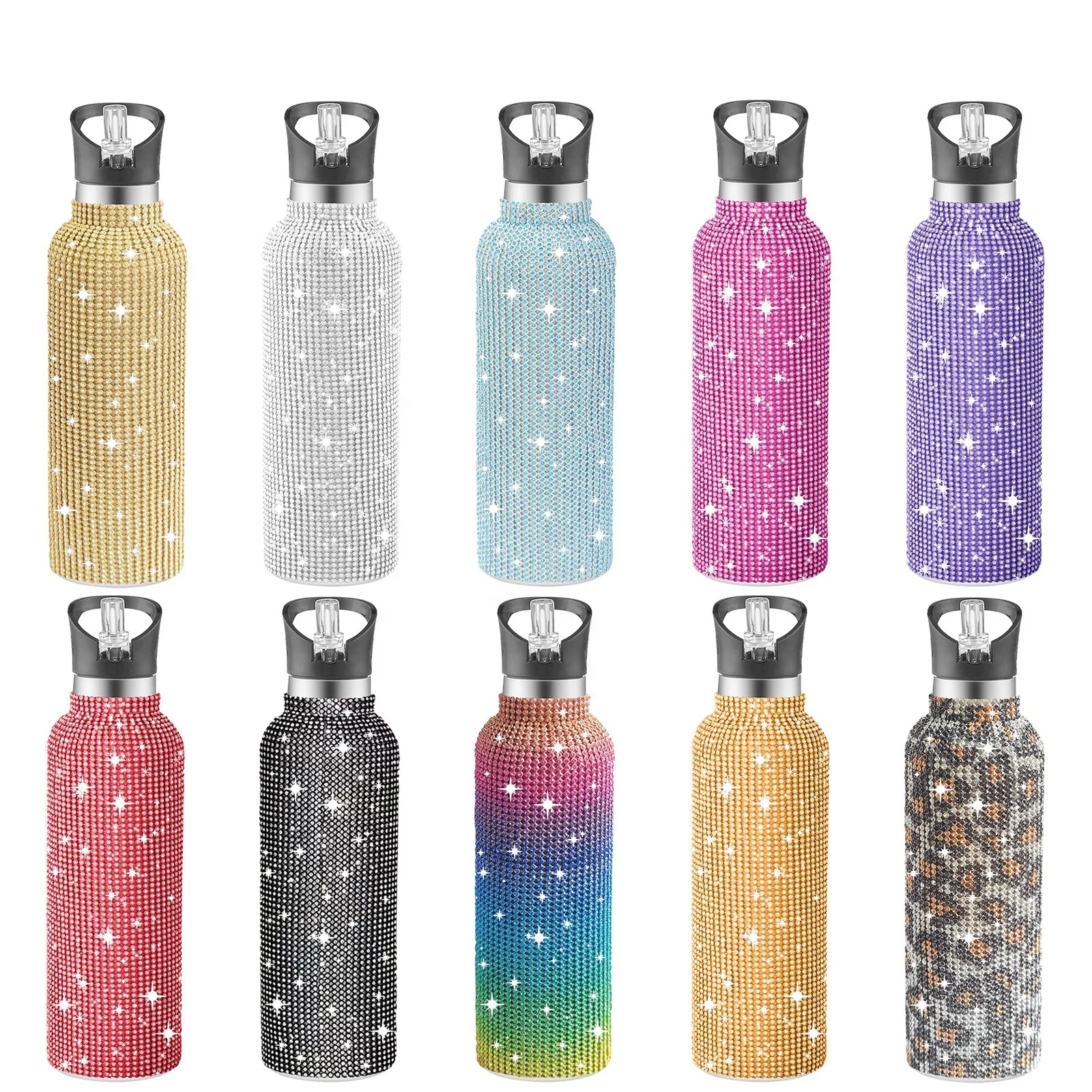Wholesale  Luxury Shiny Sports Vacuum Flasks Shiny Leopard Rainbow Gift Cups Rhinestone Water Bottle Thermal MugGlitter 32oz