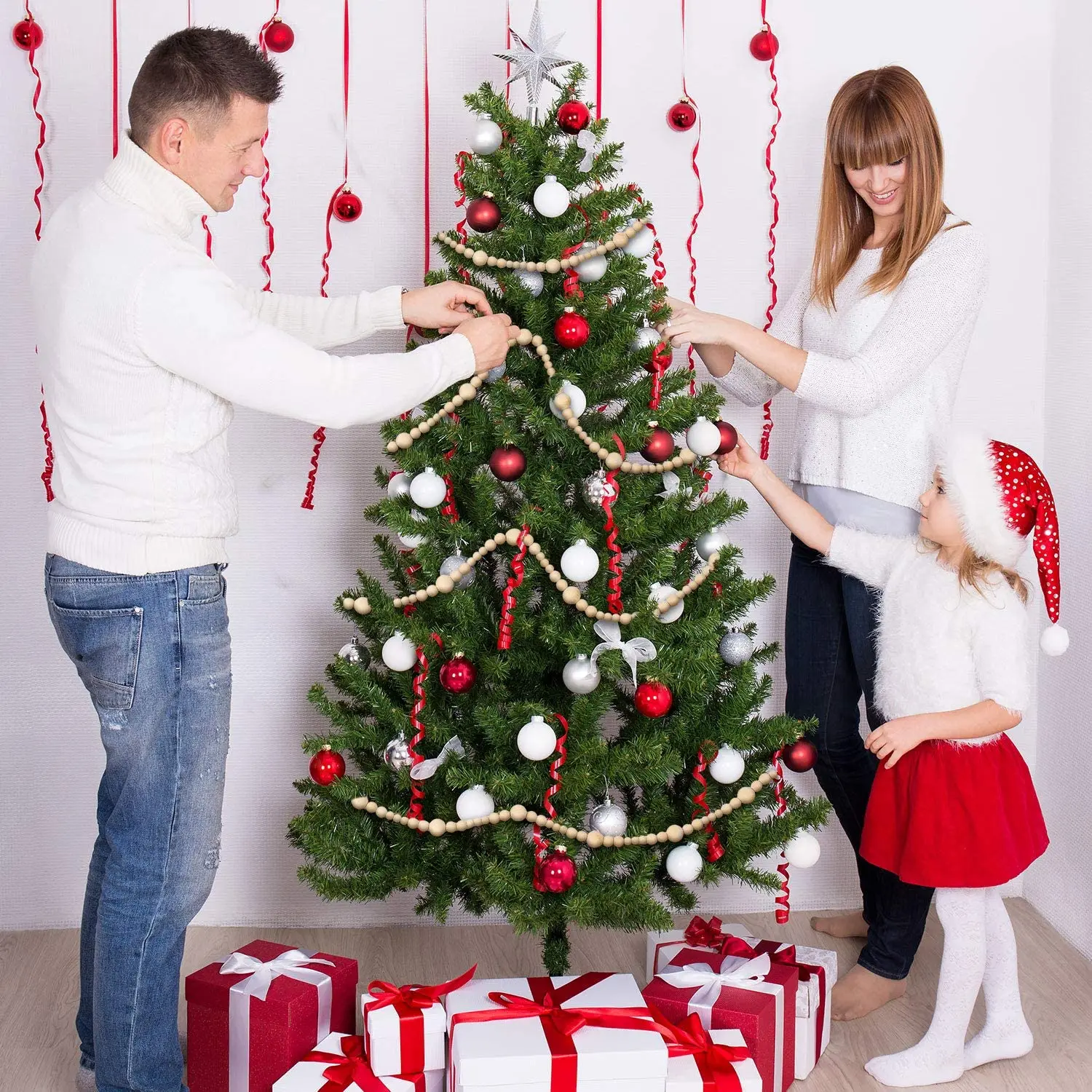 13.6 Feet Christmas Wood Bead Garland Christmas Tree Garland Boho Decorations Wall Hanging Farmhouse Home Decor Rustic Country