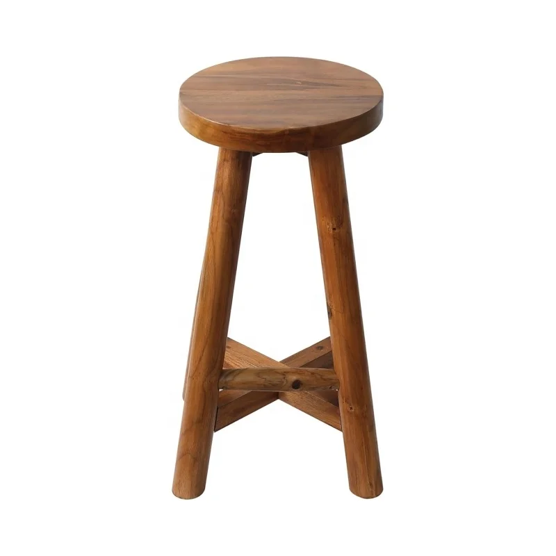 Premium Quality Factory Price Solid Teak Wood Barstool Bar Stool with Round Seat for Kitchen Island Counter