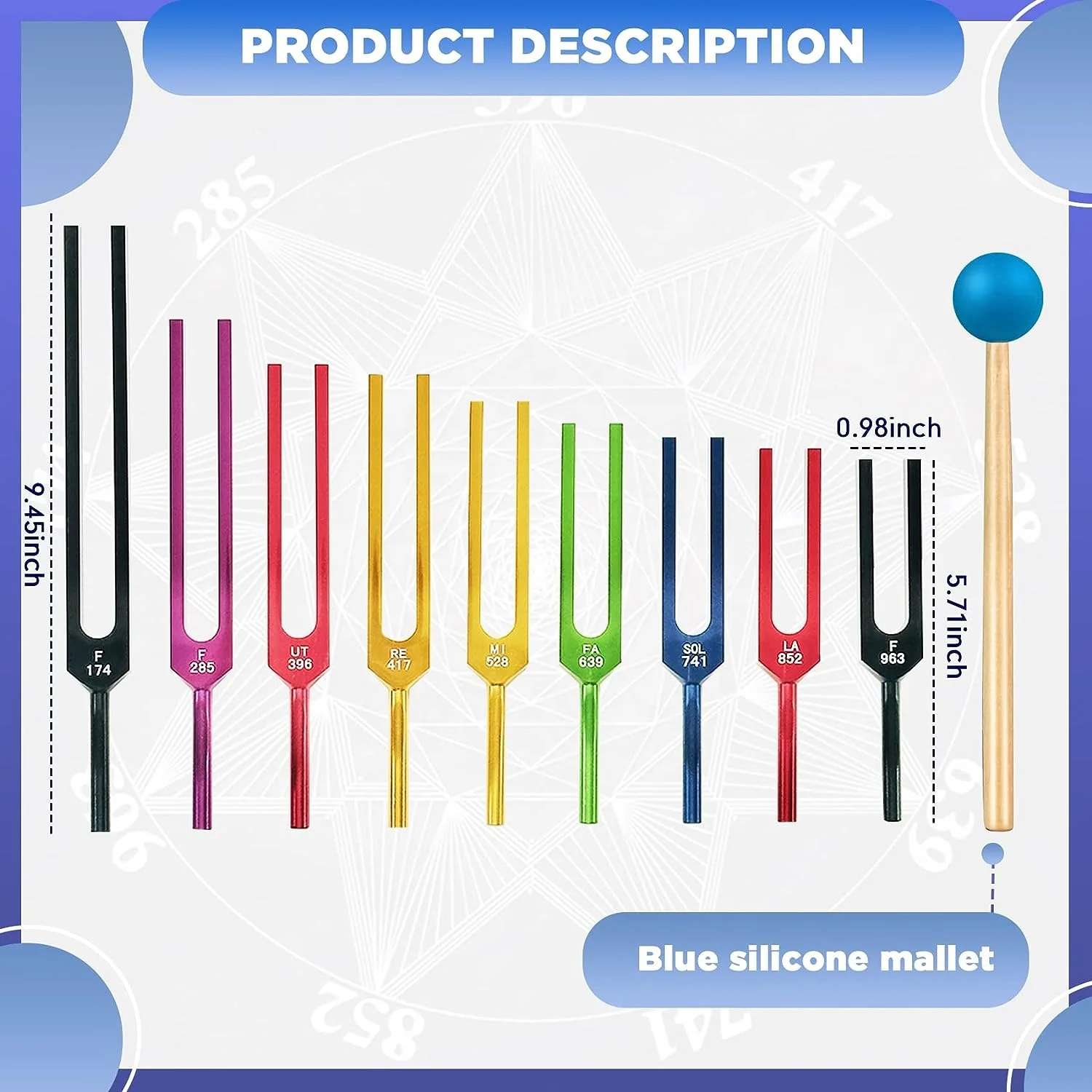 Solfeggio Tuning Fork Set 9 Tuning Forks for DNA Healing Chakra Sound Therapy with Exquisite Aluminum Multicolour