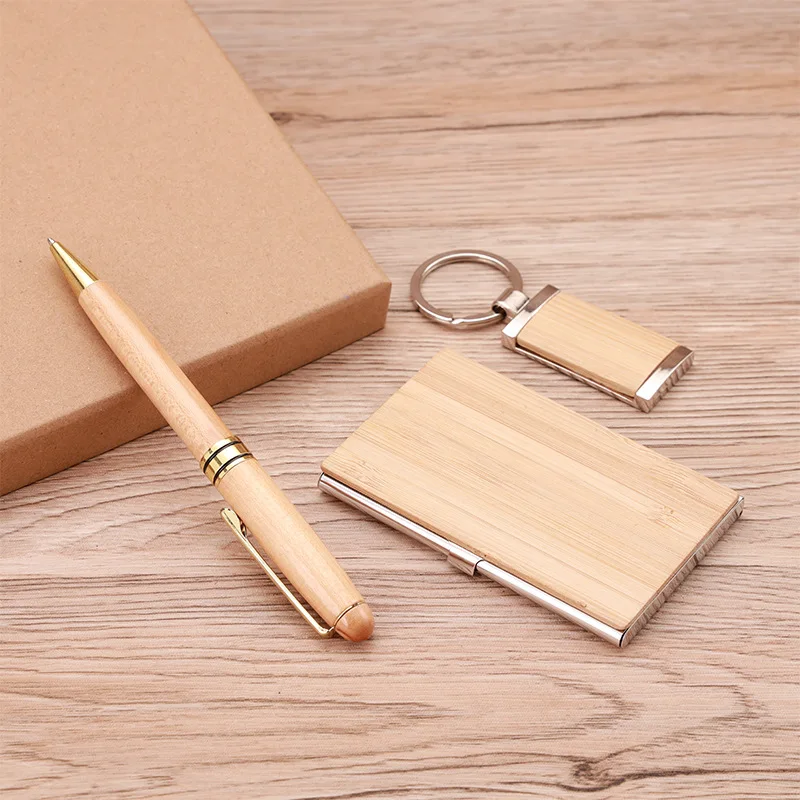 Wooden Engraved Journaling Pen bamboo products eco-friendly keychain bamboo card holder box Set for Gift Office School Supplies