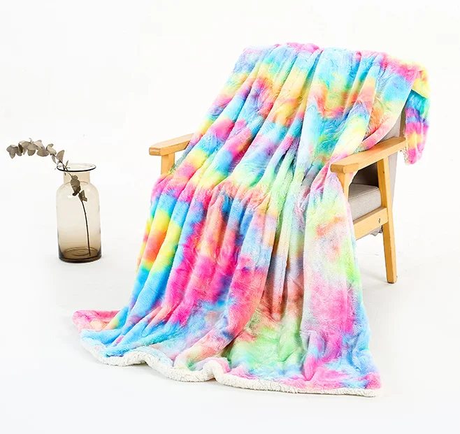 100% Polyester Fluffy Plush Mink Cashmere Pompoms Fleece New Kids Nap Rainbow Tie Dyeing Quilt Blanket -