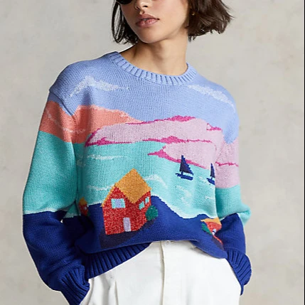 VSCOO Good Quality Wholesale Custom Landscape Graphic Jacquard Ladies Crew Neck Long Sleeve Women Sweater