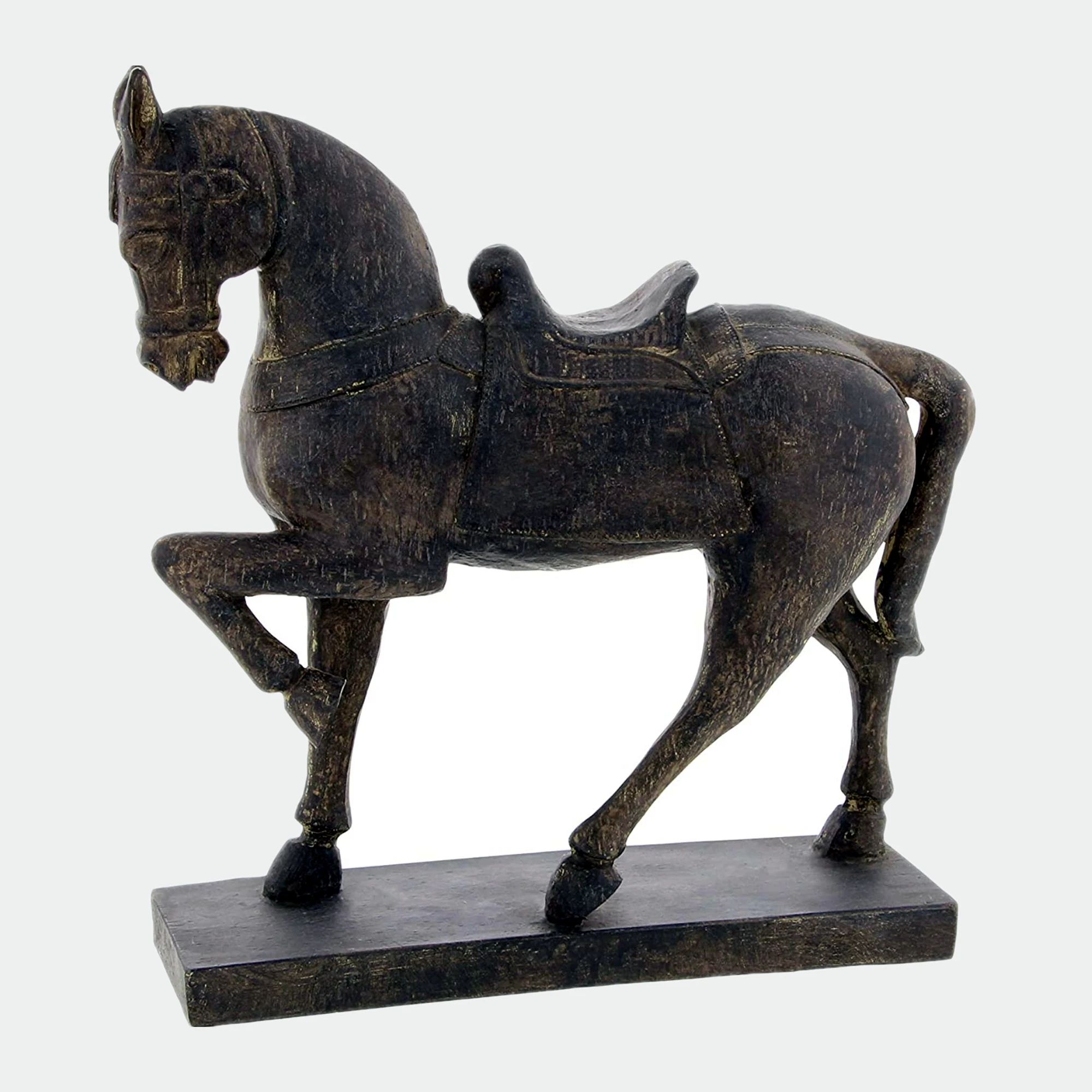 13 Inch Wood Effect Resin Antique Brown Horse Sculpture Figurine Decoration Craft Polyresin Horse Staute Decor on Base