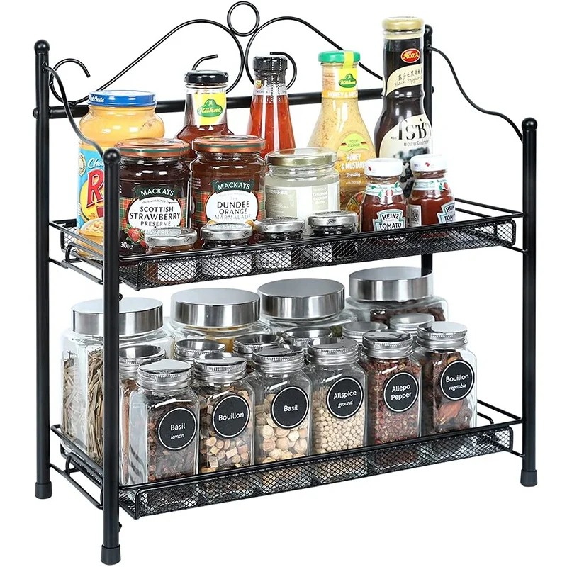 Столешница для специй стеллаж для хранения, ванная комната, 2 слоя стеллаж для хранения специй, кухонная столешница стеллаж для хранения, ванная комната, вертикальные приправа, черный