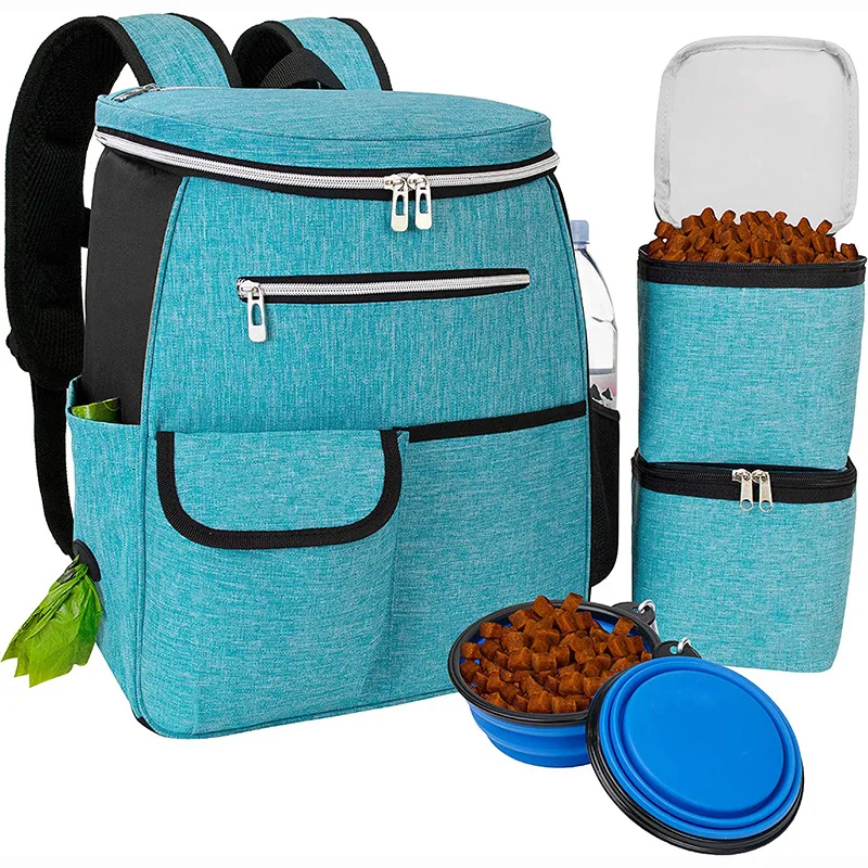 Luxury Polyester PET Dog Food Backpack Zipper Solid Pattern Weekend Organizer 2 Carriers 2 Bowls Sport Plaid Design Sustainable
