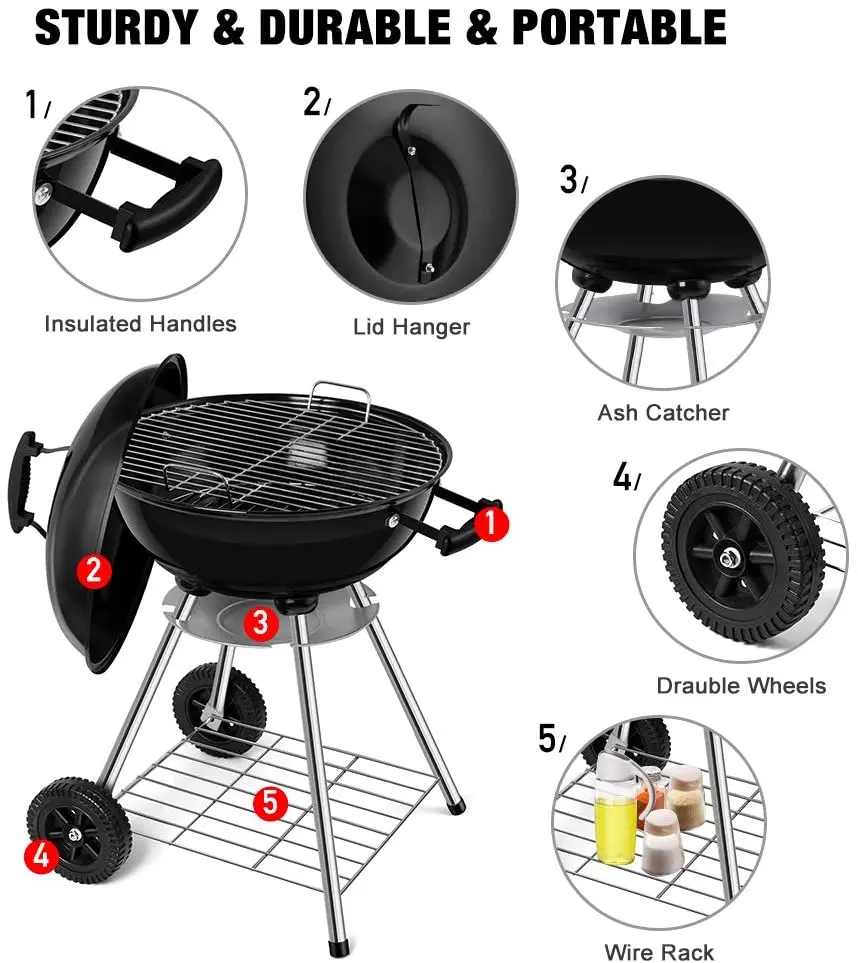 Charcoal Grill BBQ Kettle Portable Grill Outdoor Cooking Grills & Smokers for Camping Patio Picnic Backyard