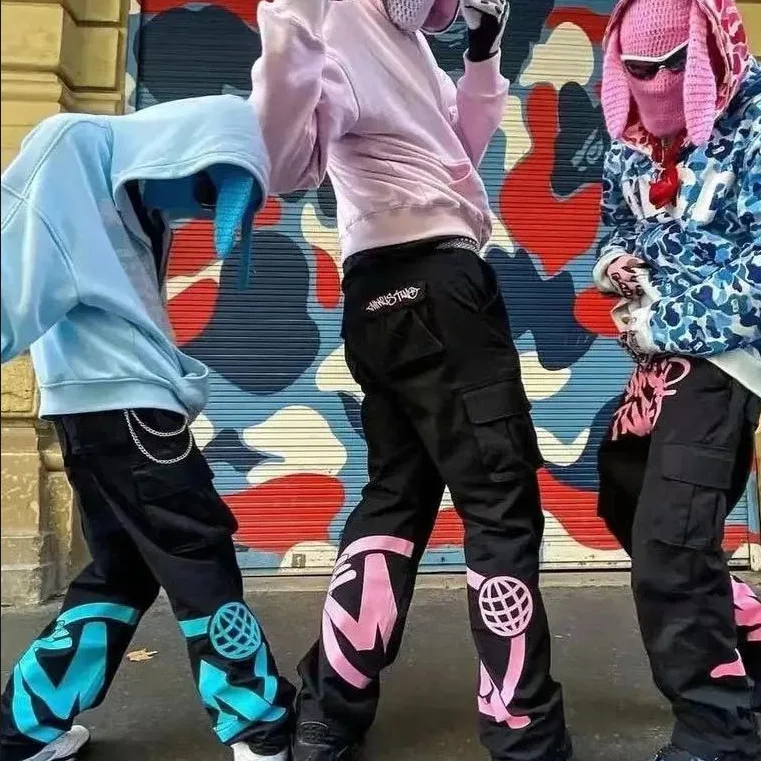 American Fashion Retro Wide Leg Pants Pocket Printed Overalls Hip Hop Y2K Cargo Pants Men