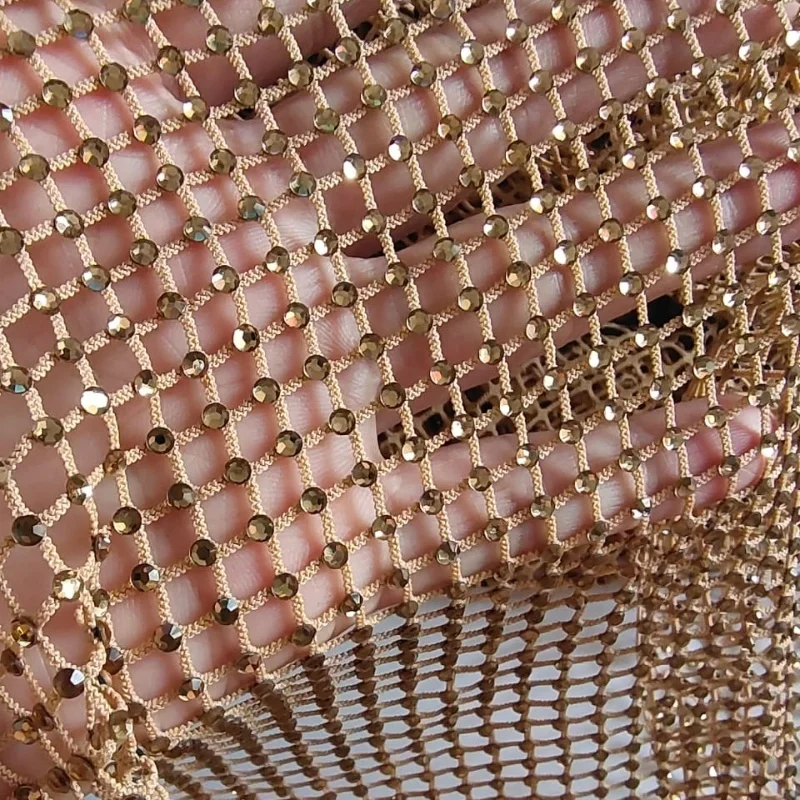 Hot Net Mesh Hollow Fabric Inlaid with Transparent Crystal Rhinestones for Making Dress Material