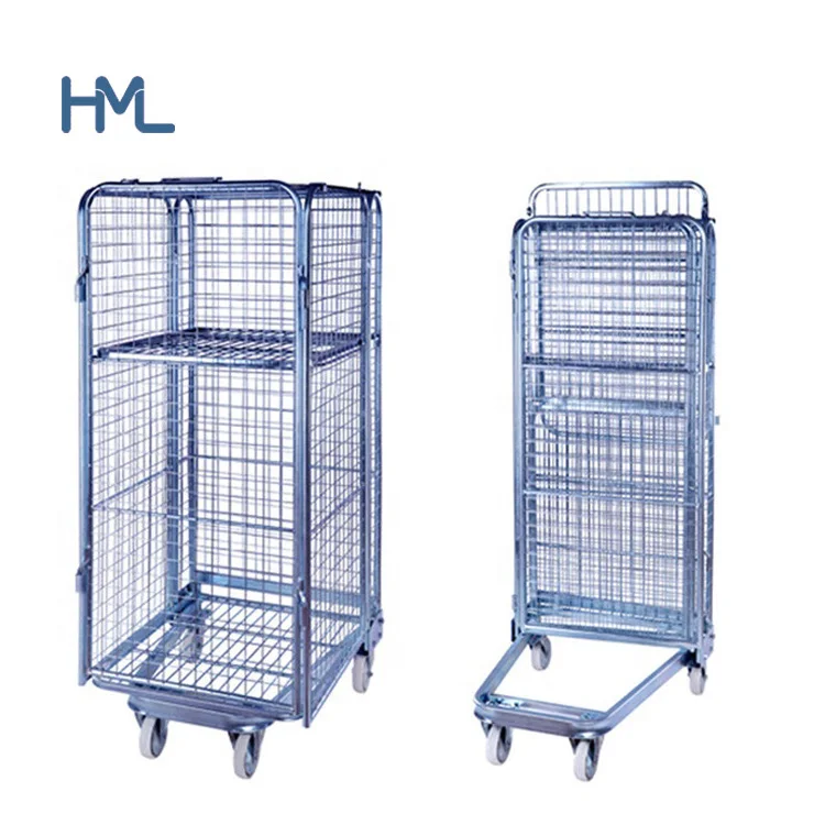 HML mild steel collapsible heavy duty folding wire mesh laundry roll cage trolley for industrial laundry
