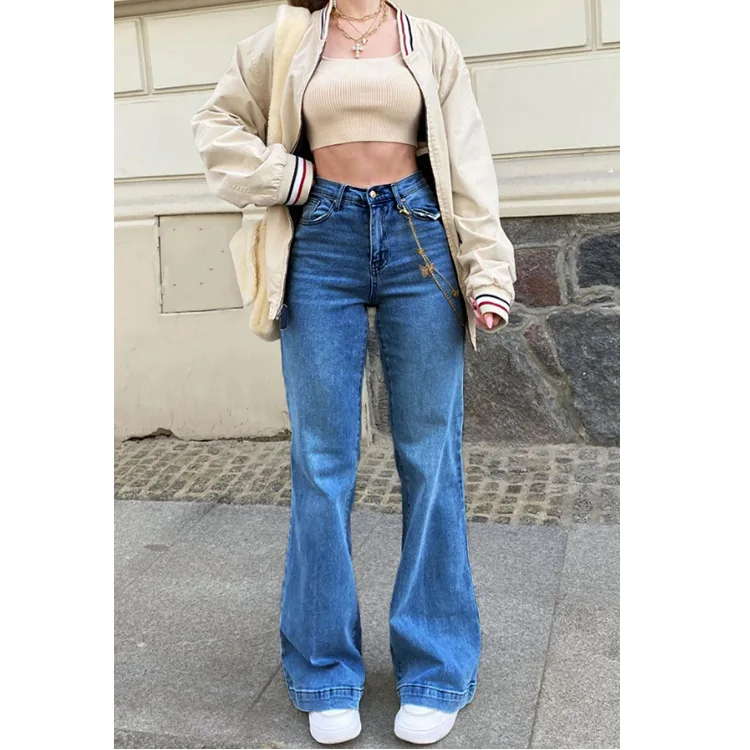 2024 New Arrival Loose Denim Pants High Waist Baggy Jean Trousers Straight Leg Casual Style Solid Pattern Medium Wash Summer