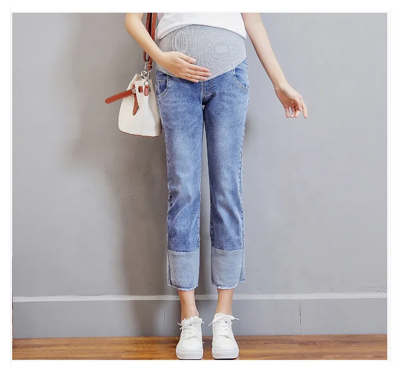 Новинка 9/10 длинные лоскутные джинсы для беременных с эластичным поясом брюки для живота одежда для беременных женщин весна-лето