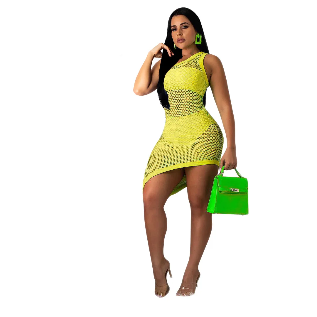 Fashion sexy big mesh print nightclub skirt slanted three-piece set in stock See Through Dress Night Sexy