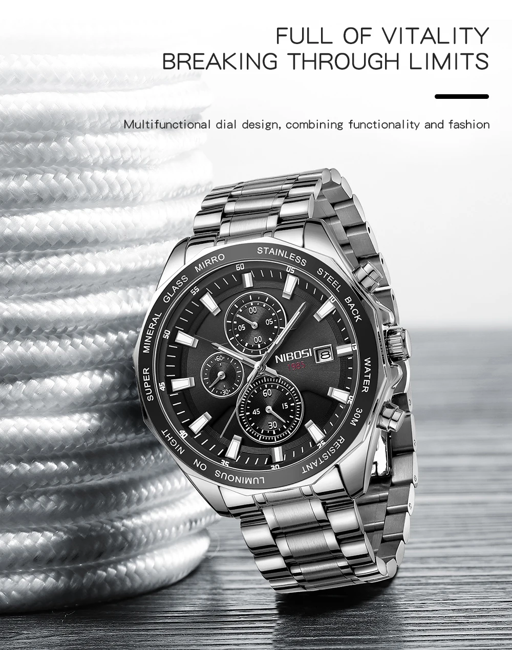 NIBOSI 2599 branded personalised man quartz watch cool Steel Strap water resistant chronometer advertising business reloj watch