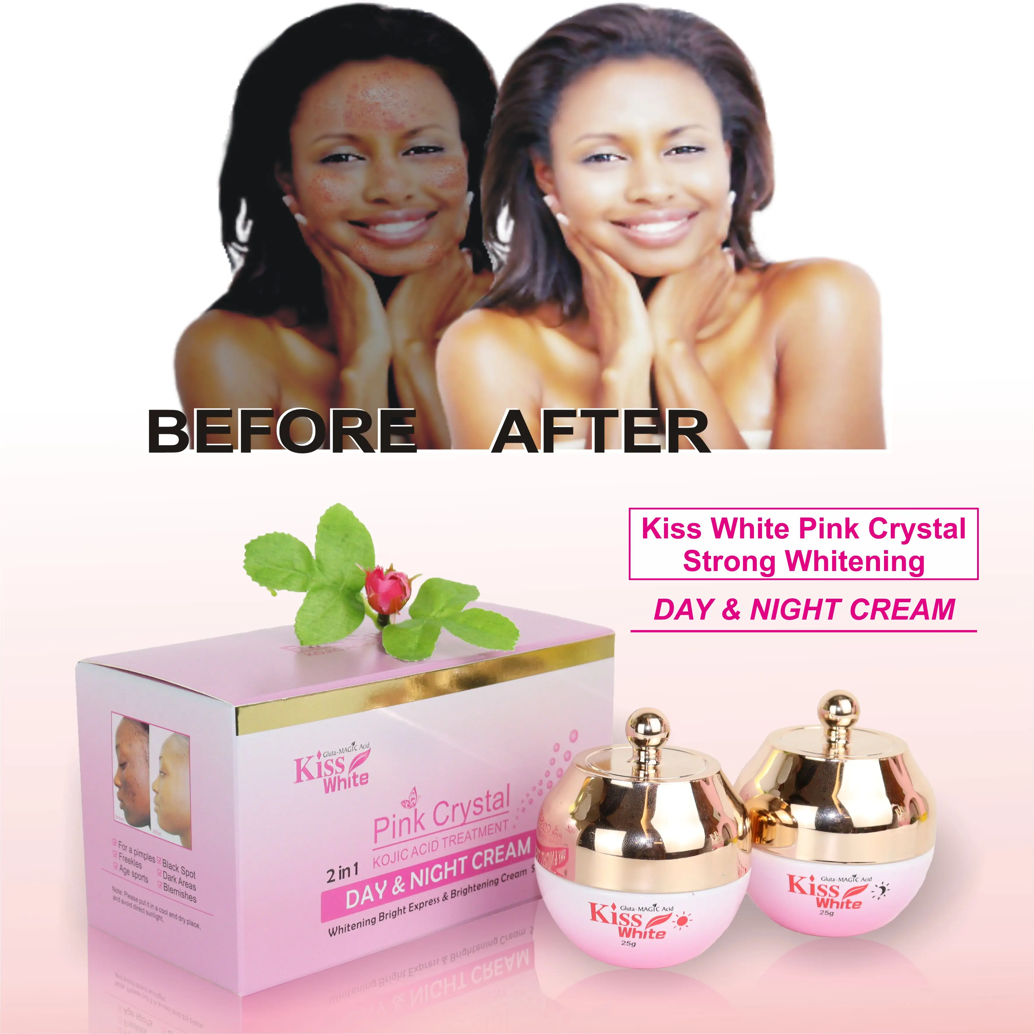 Крем для ухода за кожей от частного бренда Kiss White, отбеливание, 2 в 1, розовый кристалл, койевая кислота, лечение лица, яркий дневной и ночной крем