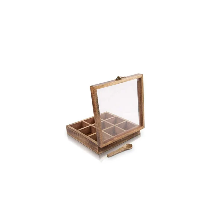 handmade square wood shadow wooden masala spice compartment storage craft box for kitchen