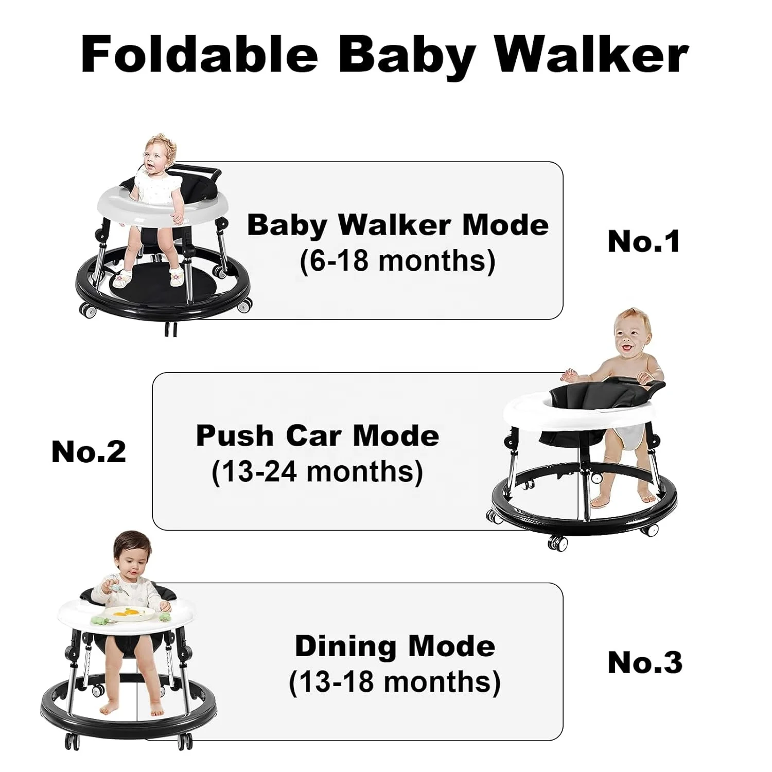 Baby Walker with Wheels, Baby Walker for Boys Girls, Foldable Activity Infant Walker Adjustable Height Baby Push Walkers