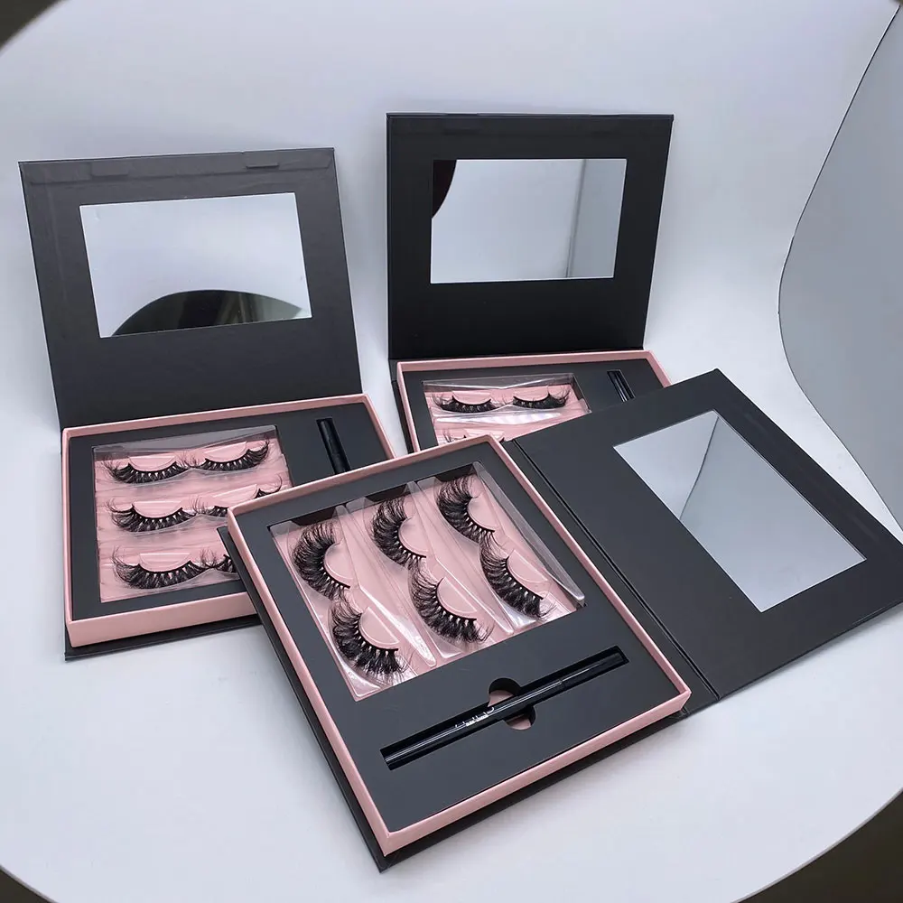 Lashes3d mink vendor mink eyelash packing lash box custom 3 pairs eyelash set box with mirror eyelashes book