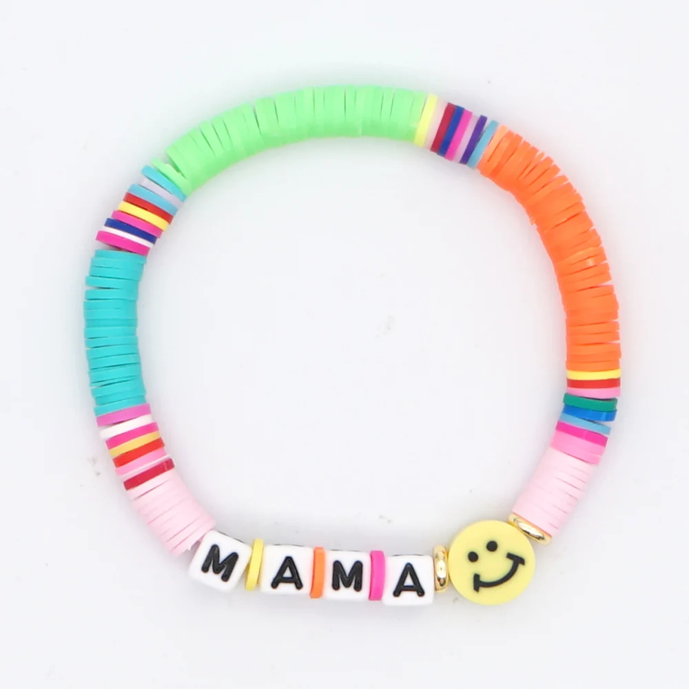 2021 Summer Beach Boho Handmade Jewelry Rainbow Heishi Disc Beads Letter Polymer Clay Bracelet For Women