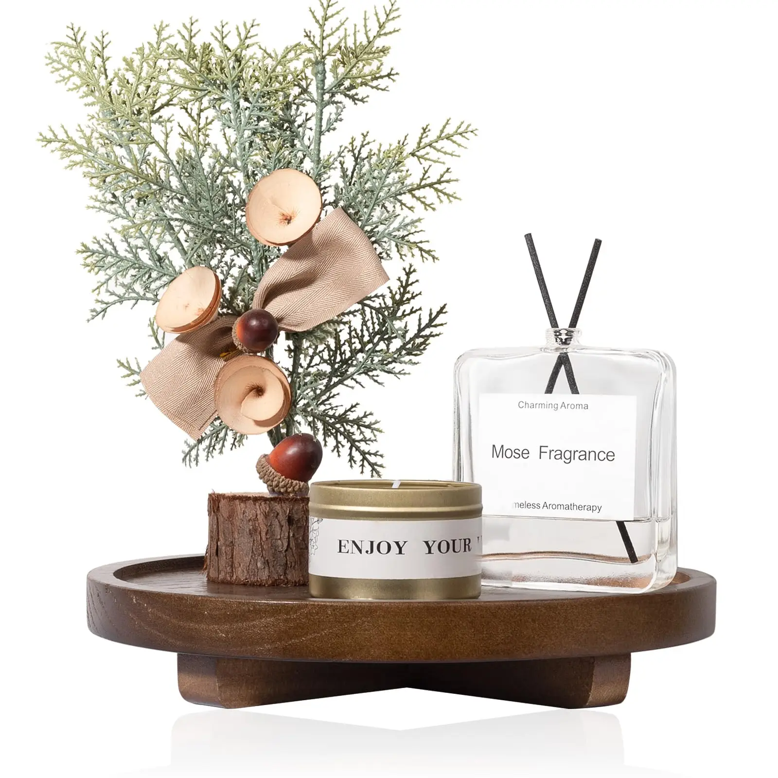 Wholesale Walnut Wood Round Decorative Tray,Wood Bathroom Counter Organizer Farmhouse Kitchen Decor Wooden Riser for Soap Dish