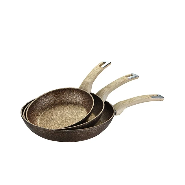 3pcs golden coating frypan set with wooden handle