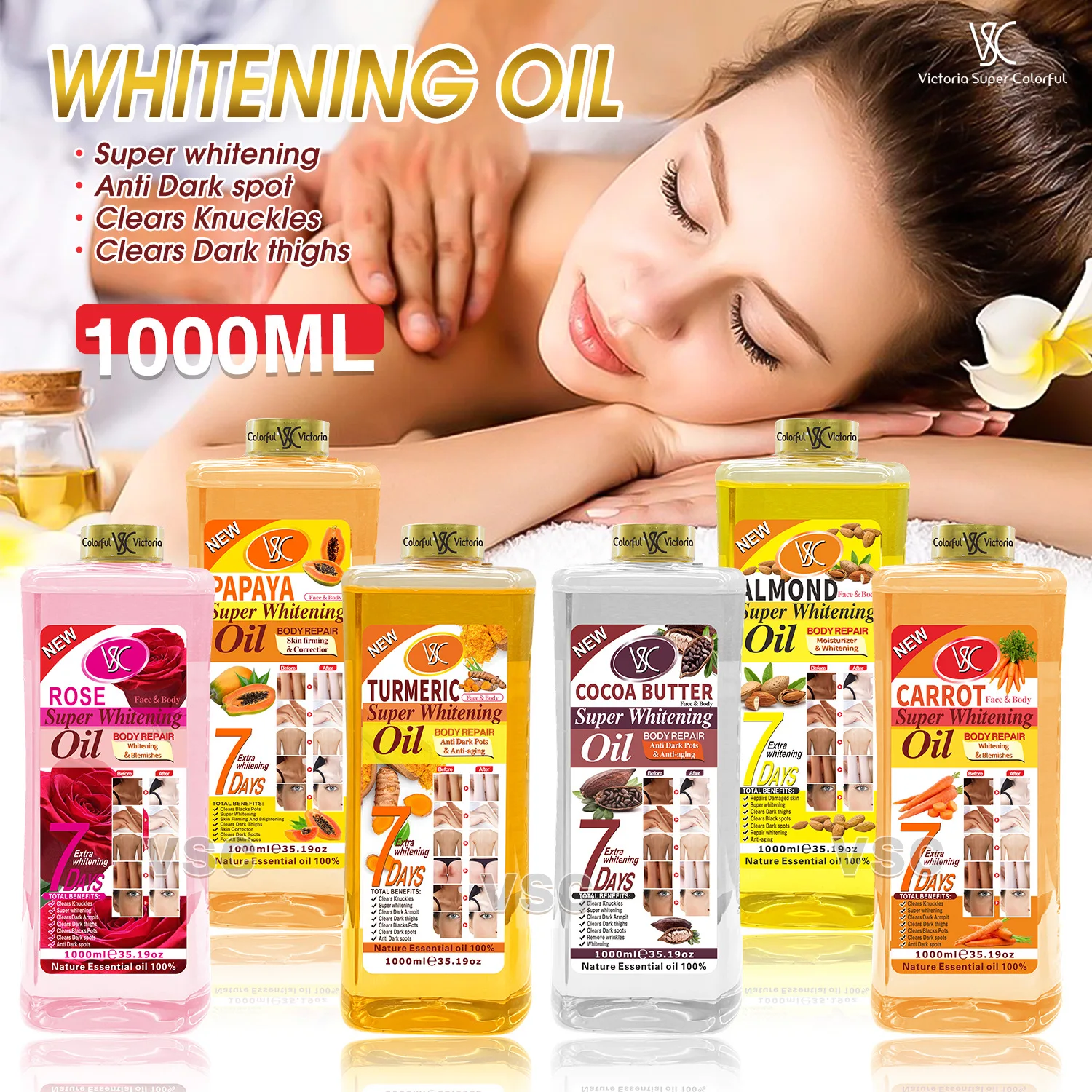 Hot Selling 1L Turmeric  Almond Papaya Rose Whitening Oil Remove Black Spot Facial Body Care Massage Oil