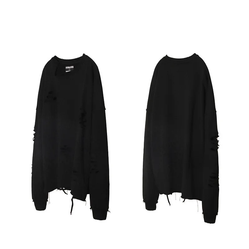 European and American high street style knife cut hole irregular oversize loose hip hop terry round neck sweatshirt