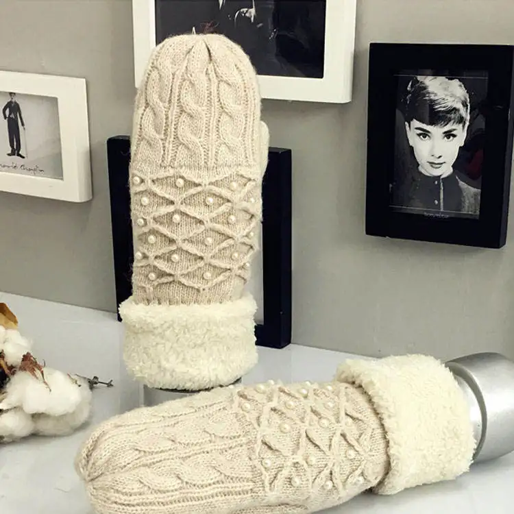 Удобные толстые плюшевые вязаные рукавицы с подкладкой из жемчуга шерпа перчатки для улицы зимние белые