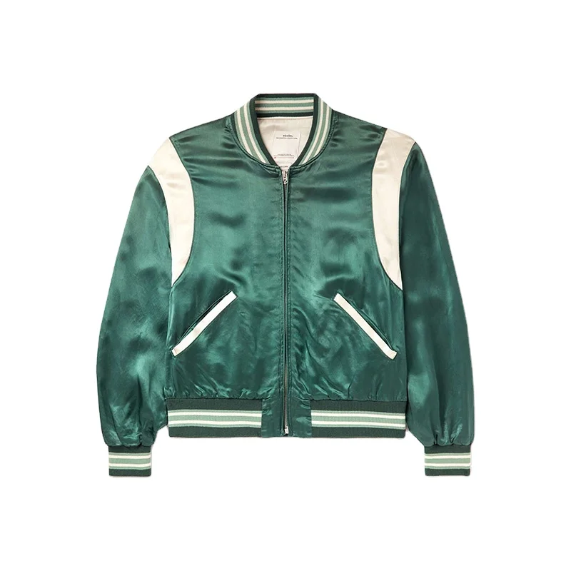 OEM custom new fashion zip fastening green satin bomber letterman jacket mens white trim shoulder casual coat