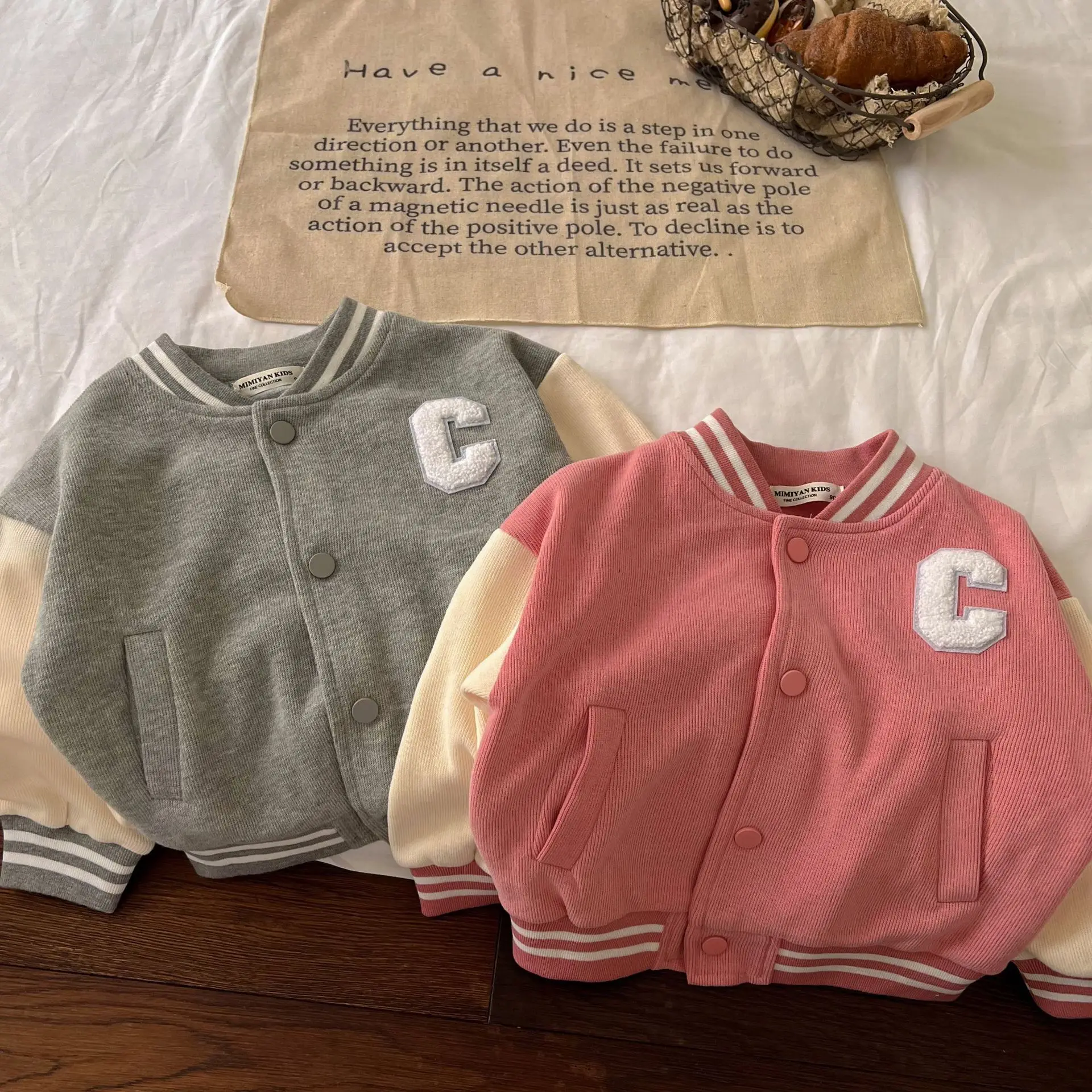 Custom Toddler Boys Girls Strip Trem Letter Graphic Jacket Kids Varsity Jackets