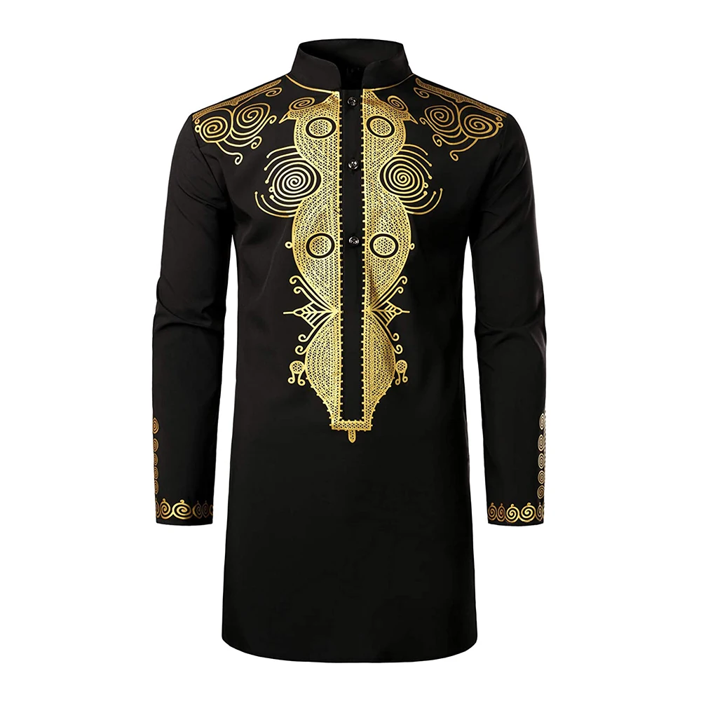 Мужская африканская традиционная Дашики Роскошная золотая рубашка с принтом средней длины для свадьбы Дашики для мужчин