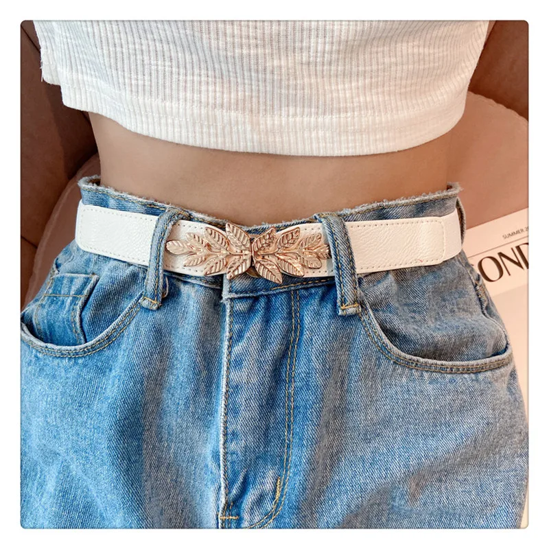 100CM PU Leather Stretch Waistband Skirt Waist Decor Tie Belt Girdle Adornment Jeans Sash Gold Leaf Buckle Dress Belts for Women