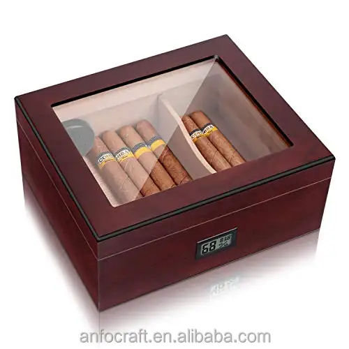 Spanish Cedar Tray Divider Humidifier Wooden Glass Top Cigar Box with Hygrometer Gift for Men Holding Cigars