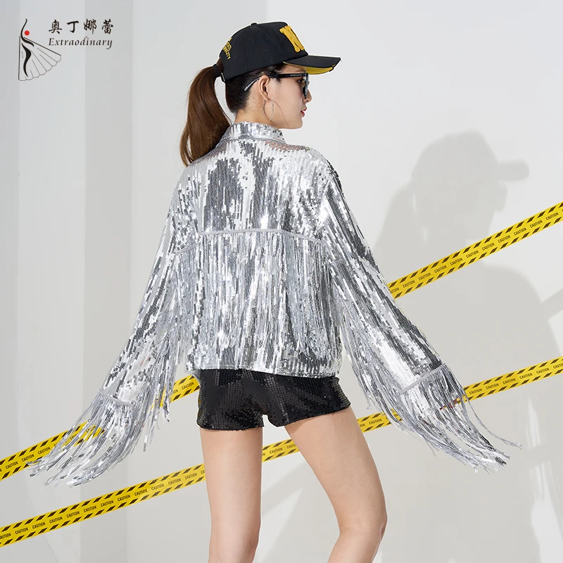 Women Long Sleeve tassel hip hop Jazz Dance Costume coat Sequin bomber Jacket