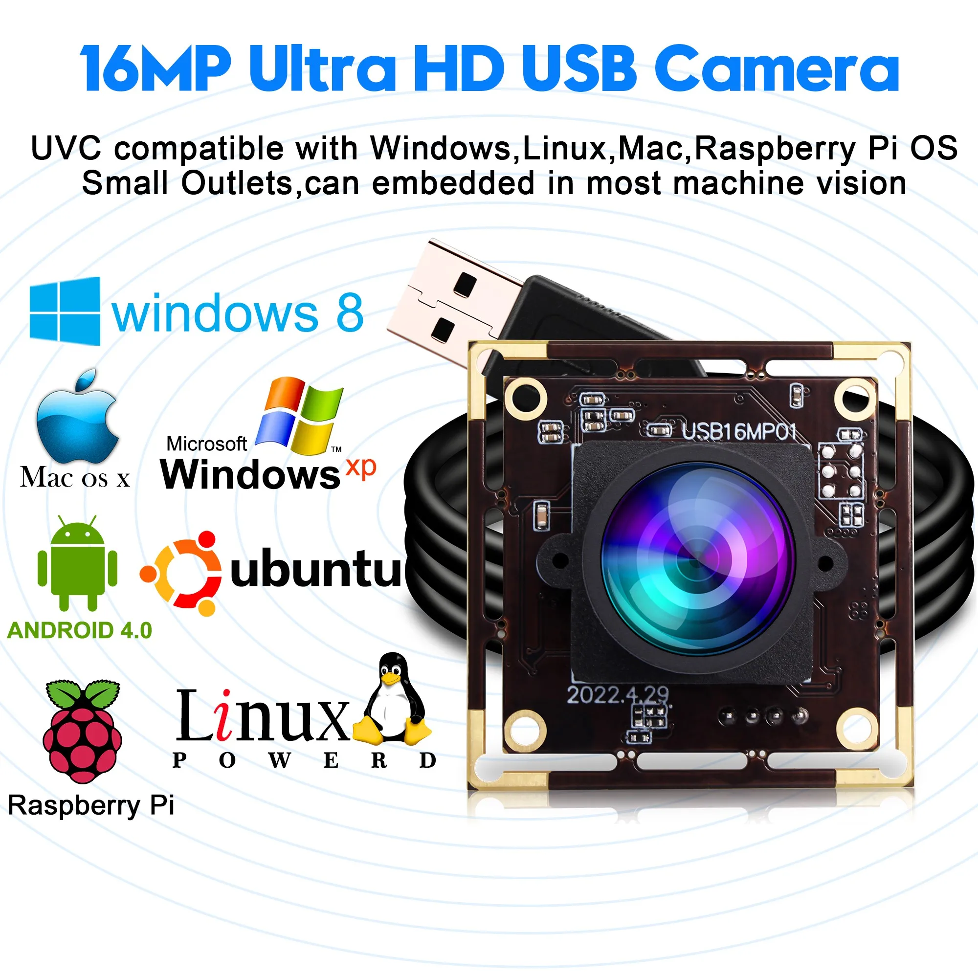 Wide Angle No Distortion 16MP Webcam Module IMX298 CMOS 4656x3496 Mini Board Size USB Camera with 1meter USB Cable for PC Pi