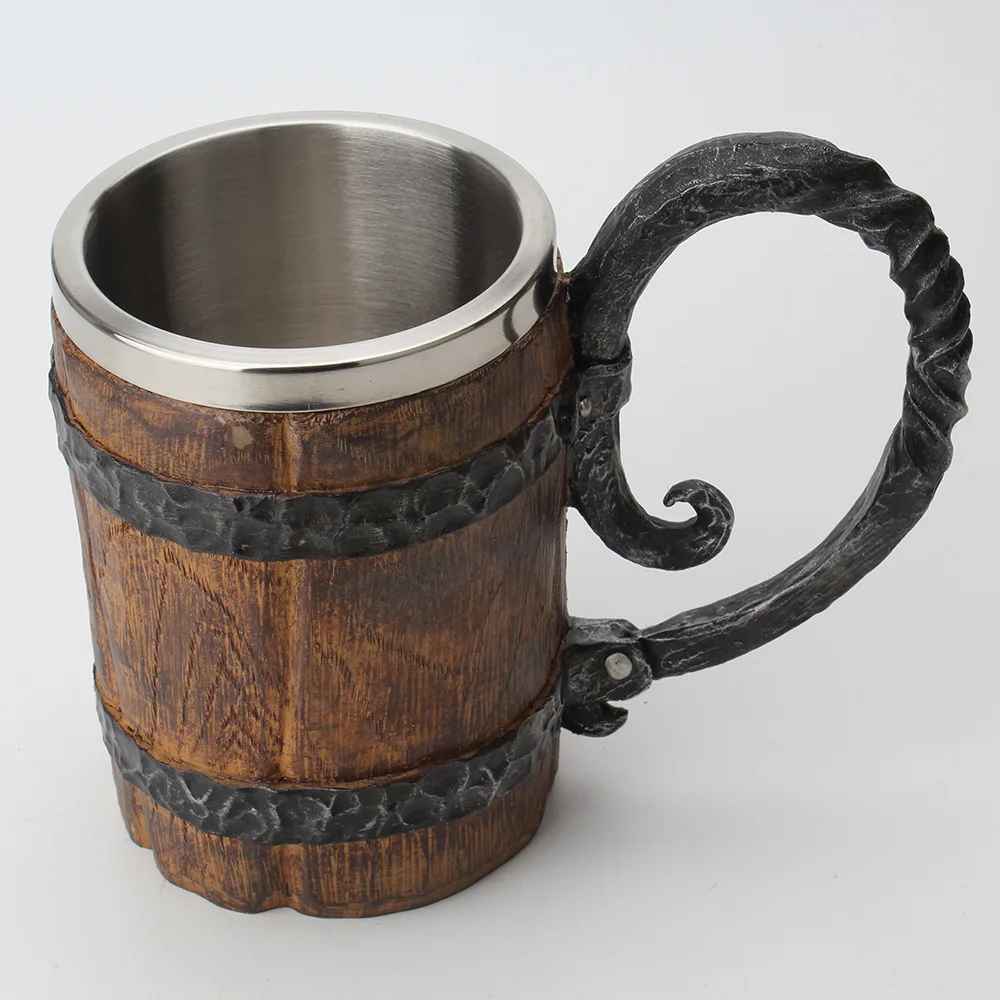 Dropship 20oz Wood Barrel Stainless Steel Resin 3D Goblet Game Gift Tankard Coffee Cup Wine Mugs Sublimation Wooden Beer Mug