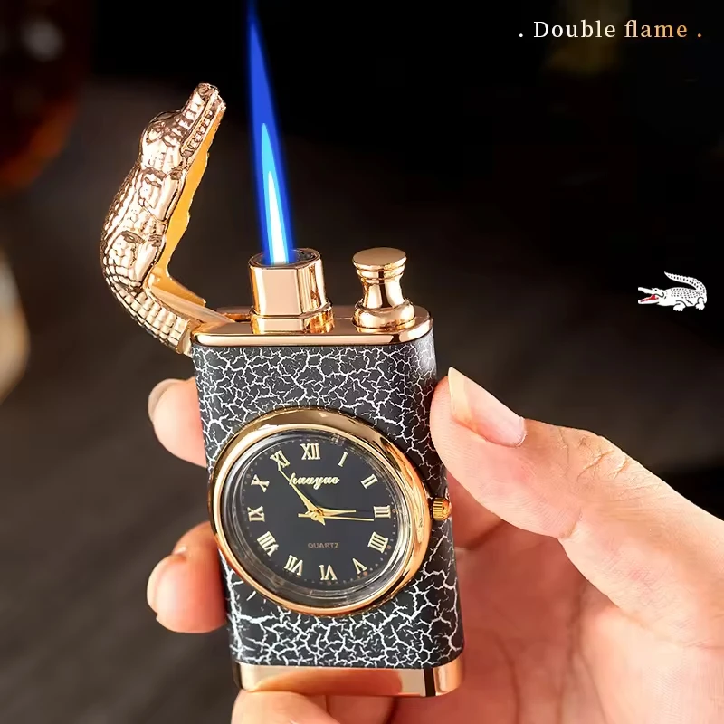 2025 Custom Lighter Double Flame Crocodile Cigarette Lighter with Clock Watch Disc Windproof Refilled Gas Torch Lighter