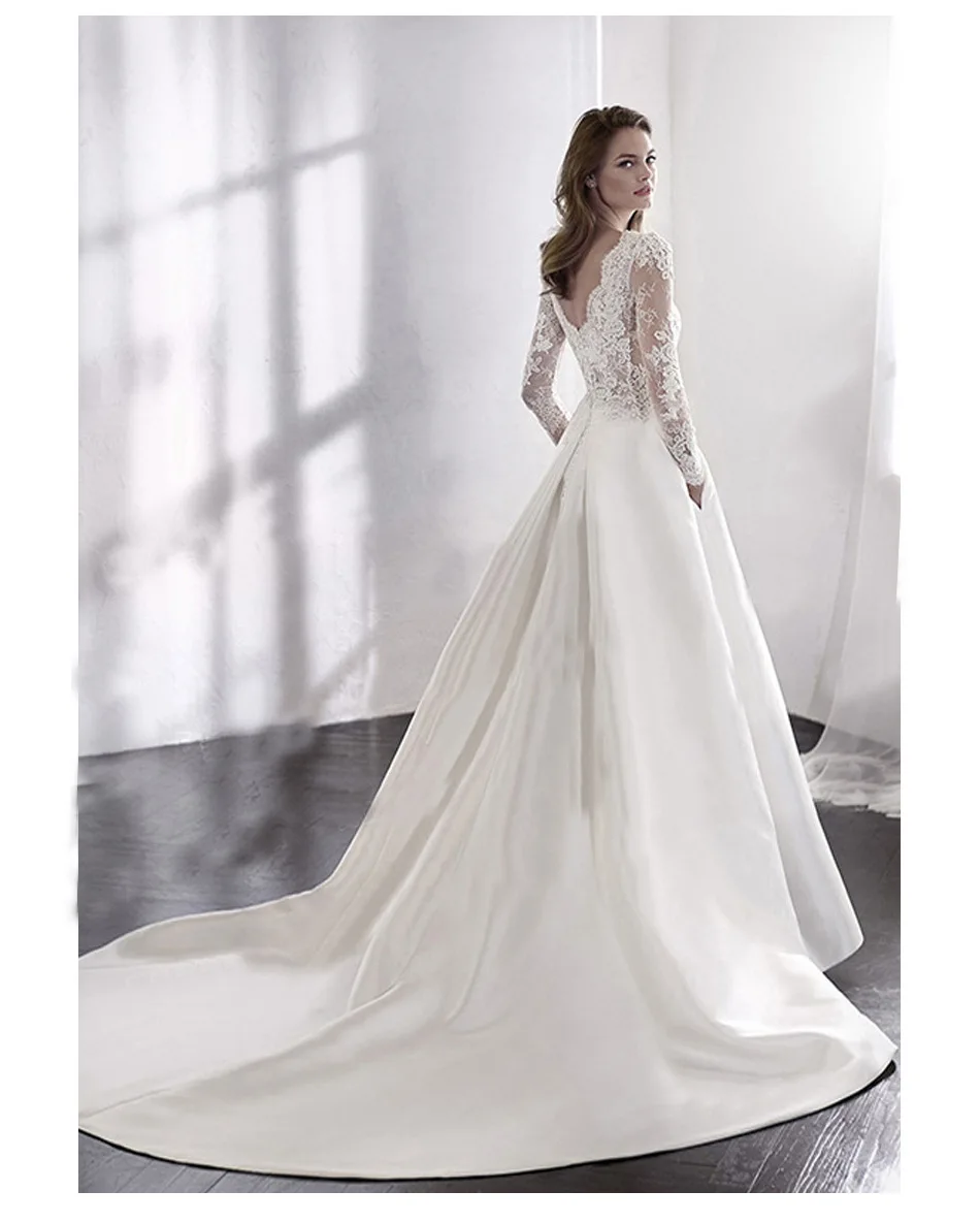 Wedding Spring Summer Autumn Winter Satin Lace Slimming Fashion Bride Long Sleeve Halter Tail Wedding Dress