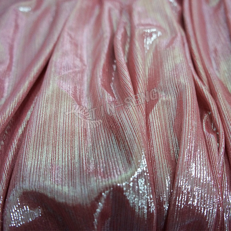 Holographic Pink Glitter Fabric , Ribbed FDY FOIL fabric for party Dress