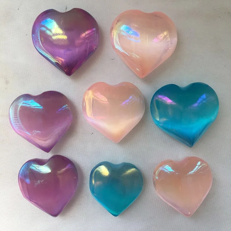 Wholesale natura 2inches Pink Aura White Selenite Heart Palms Healing Natural Angel Aura Quartz Palm Stone