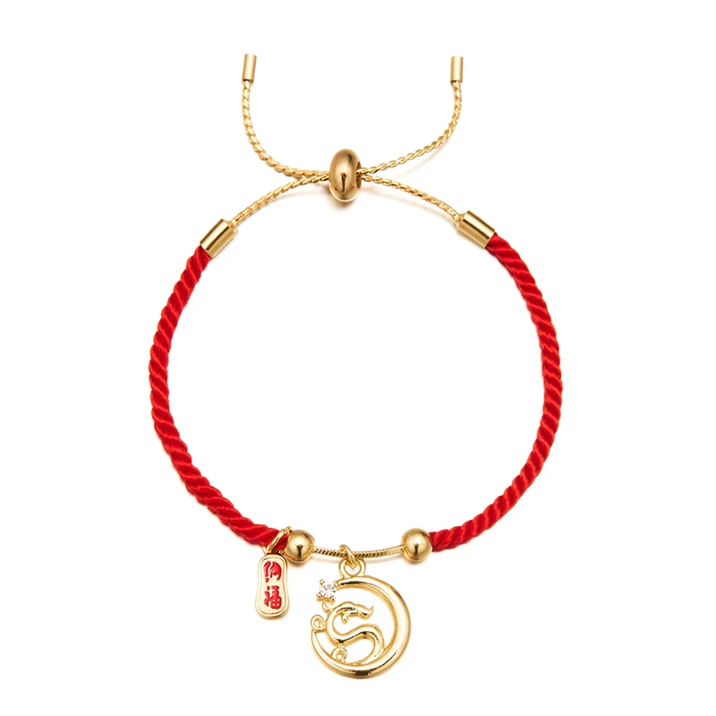 18k Gold Plated Chinese Zodiac Animal Bracelet Red Dragon Rope Braided for Wedding Christian Religious Symbol of Year Dragon