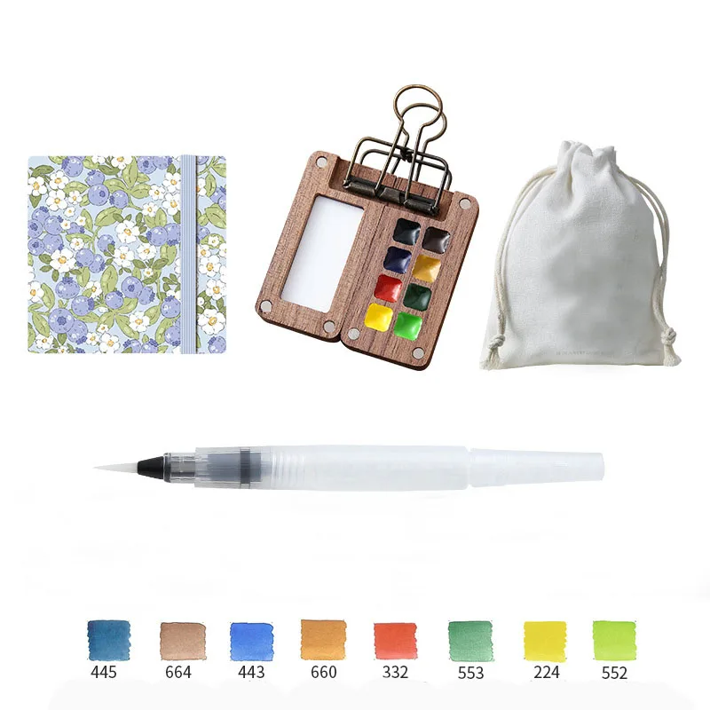 XinyiArt 8 Grids Mini Pocket Watercolor Portable Travel Paint Palette with Brush for Making it Outdoor Sketching DIY Painting