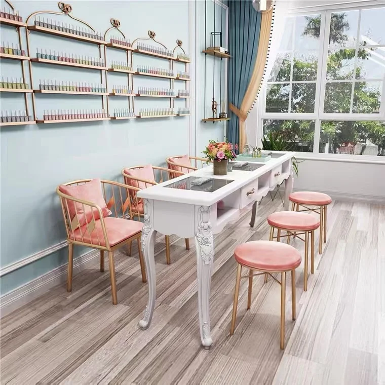 Wholesale Modern Pink Manicure Station Manicure Table And Chairs Metal Nail Bar Table