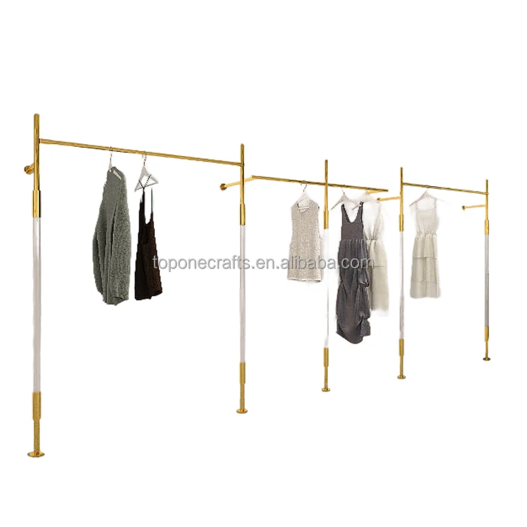 Modern fashion Gold Garment Retail Clothing Shop Fittings Metal Wall Mounted Hanging Rail Display Rack