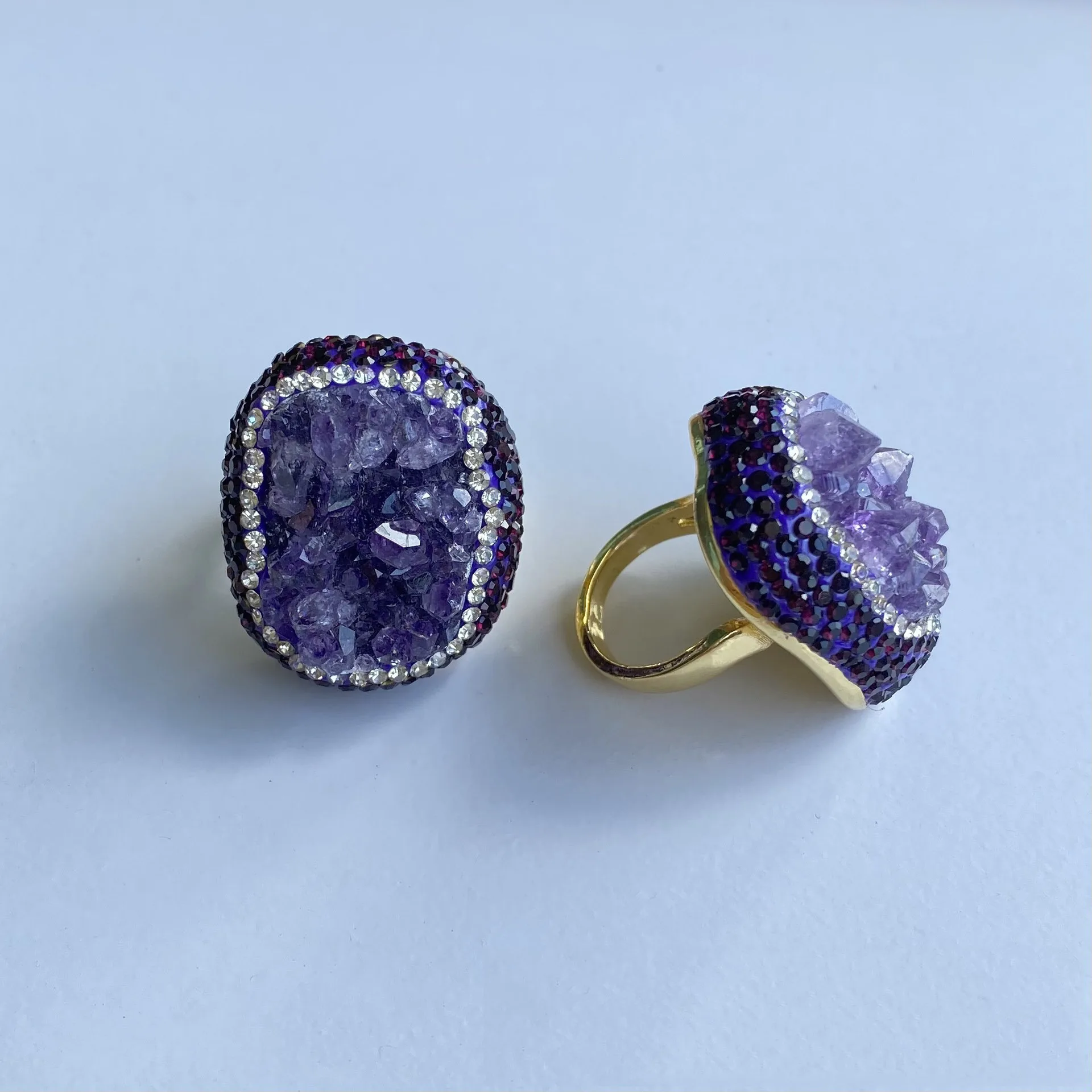 Chunky Natural Druzy Gemstone Gold Plated Crystal Amethyst Rings Adjustable