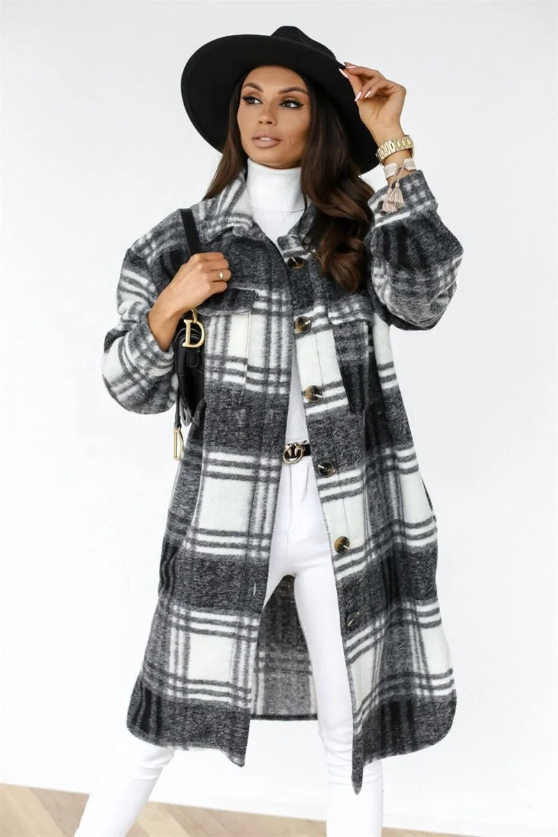Autumn winter coats for women 2021 lapel pocket long plaid shirt jacket coat woolen fleece plaid long coats brown for women