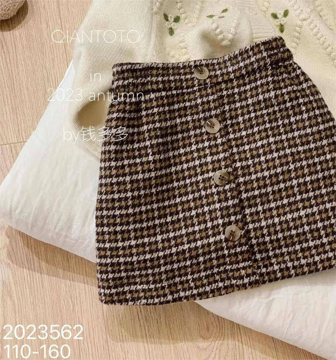 2023 New Fall Fashion Kid Girl Plaid Brown A-line Skirt for Teenagers 4-9T